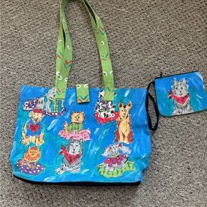 Silkscapes Handpainted Dog and Cat Print Tote with Pouch 12.5H by 18.5